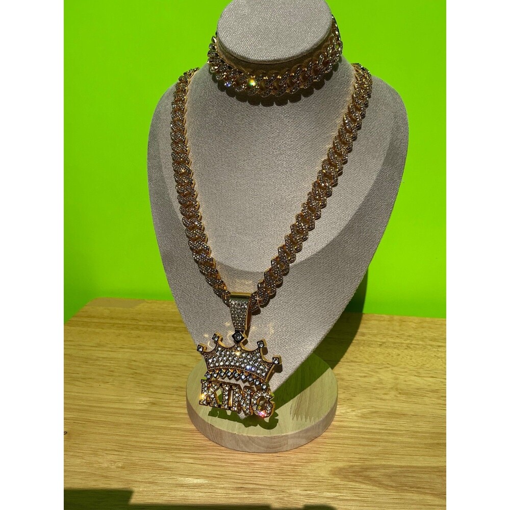 New King Pendant Necklace Bracelet Lot Hip Hop Iced 20” Inches CZ Punk Chain
